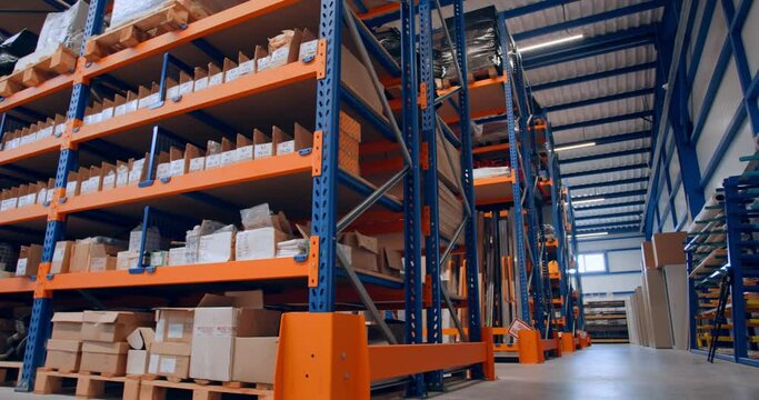 Lots of products on the shelves of a modern warehouse, 4k