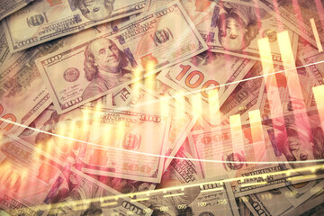 Multi exposure of forex chart drawing over us dollars bill background. Concept of financial success markets.