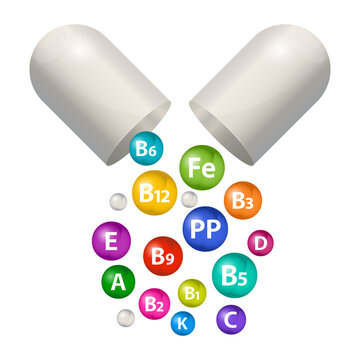 Capsule pill vector vitamin supplement set. 3d bubbles multivitamin complex for health. Vitamin A, B1, B2, B3, B5, B6, B9, B12, C, D, E, K, PP. Healthcare illustration