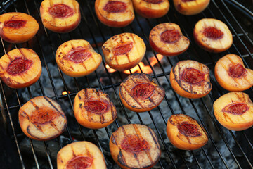 Modern grill with tasty cut peaches, closeup