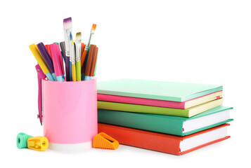 Set of colorful school stationery on white background