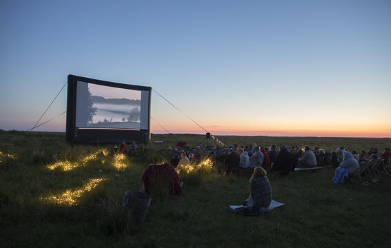 HAADEMEESTE, PARNU COUN, ESTONIA - Jul 17, 2020: Open air cinema event on the summer coastal sunset location