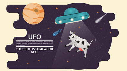 Flying saucer UFO kidnaps an animal cow with a beam of light on the background of planets flat vector drawing for design design © svarog19801