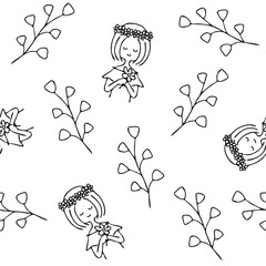 植物と女性のシームレスパターン