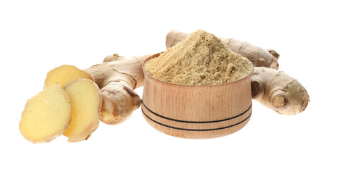 Dry ginger powder and fresh root isolated on white