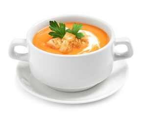 Delicious pumpkin soup in bowl isolated on white