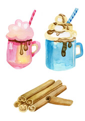 Watercolor elements. Christmas spices, cinnamon, star anise, cloves, almonds, hazelnuts, orange, apple, pear, handmade