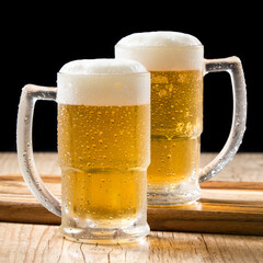 Two draft beer mugs on wooden table and black background