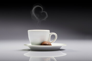 cup of coffee, cookie and smoke shaped heart on black