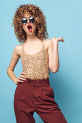 Pretty woman Curly hair emotions open mouth fashionable clothes 