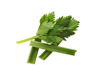 Fresh green celery sticks and leaves isolated on white, top view