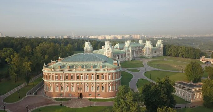 4K high quality sunny spring day aerial video footage of famous Moscow Tsaritsyno Estate built during rein of Czarina Katherine 2 The Great with panorama of green park in the capital of Russia