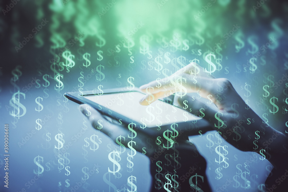 Aufkleber double exposure of forex chart sketch hologram and woman holding and using a mobile device. financia