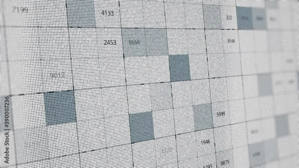 Poster abstract white and grey cells with numbers flowing slowly. animation. lots of changing data in a tab