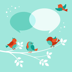Greeting Christmas card. Bird with dialog speech bubble. New Year colorful little cute birds, different poses, flying. Hand drawn flat abstract icon happy character. Modern trendy vector illustration
