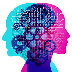 A Male and Female side silhouette profile overlaid with various semi-transparent Machine Gears shapes. Centrally positioned is CPU and electronic circuit board pattern.