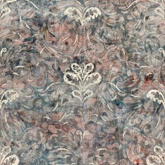 Chic formal grungy damask texture seamless pattern. High quality illustration. Ornate flourish baroque design in a trendy posh exotic style. Grainy fabric texture overlay.