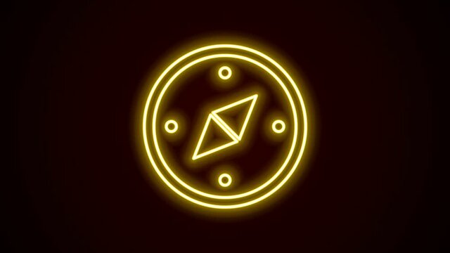Glowing neon line Compass icon isolated on black background. Windrose navigation symbol. Wind rose sign. 4K Video motion graphic animation