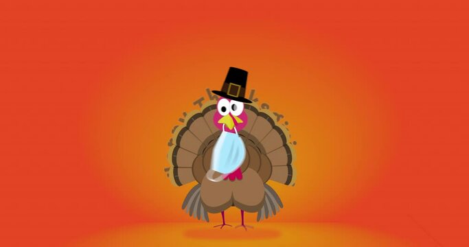 Animated clip of a turkey in pilgrim hat holding a surgical face mask in his beak doing a little dance to deliver Happy Thanksgiving message with copy space