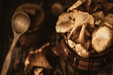 chanterelle mushrooms in a brown clay pot with a birch bark basket. mushrooms on a wooden textured...
