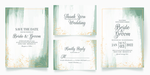 wedding invitation card template set with abstract watercolor background and tropical leaves