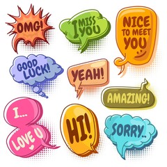 Set of nine different, colorful stickers at colorful comic strip. doodle speech bubbles with omg, i miss you, nice to meet you, good luck, yeah, i love you, hi, sorry.