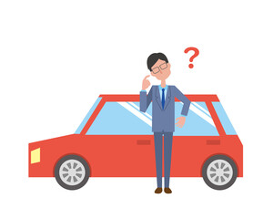 赤い車の前で疑問に思う男性