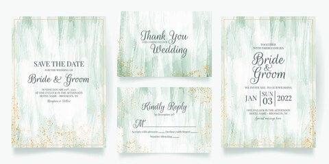 wedding invitation card template set with abstract watercolor background and tropical leaves