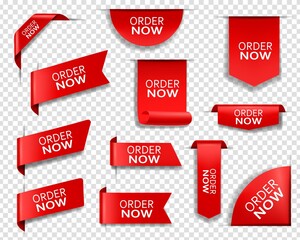 Order now red banners, bookmarks, web design elements. Realistic vector ribbons, corners, isolated 3d icons or labels. Discount silk scarlet promotional event shopping flags, tags and business badges