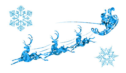 Fototapeta na wymiar Textured silhouette of Santa Claus on a sleigh with reindeer and blue tint snowflakes