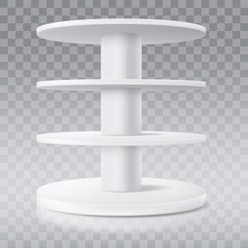 Round Shelf, Vector Shop Display Stand Or Production Rack Showcase, Isolated Realistic 3d Mockup. Supermarket White Round Stand Or Store POS Rotating Display For Products Presentation, Shelving Model