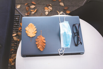 Face mask, glasses and leaves on laptop