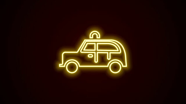 Glowing neon line Taxi car icon isolated on black background. 4K Video motion graphic animation