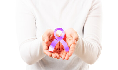 National Epilepsy or Alzheimer disease Day. Young woman holding purple ribbon on hand symbol of...