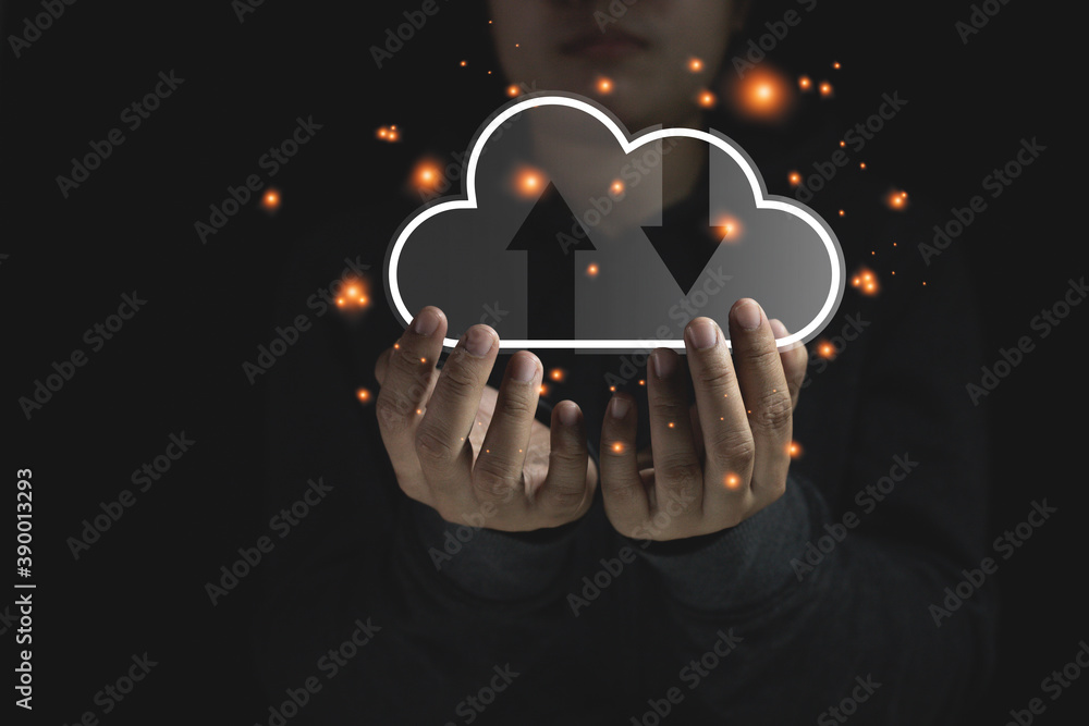 Poster cloud data review concept business technology business woman with cloud icon business data processin