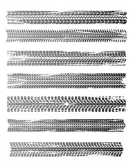 Tire prints, black car tyres track, isolated grunge vector marks. Bike race, vehicle, transportation dirty wheels trace. Rubber tires prints, automobile or bicycle drag. Monochrome graphic pattern set © Vector Tradition