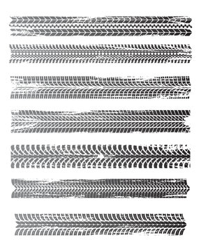 Tire prints, black car tyres track, isolated grunge vector marks. Bike race, vehicle, transportation dirty wheels trace. Rubber tires prints, automobile or bicycle drag. Monochrome graphic pattern set