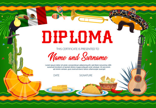 School education vector diploma template, cinco de mayo sombrero, mustaches, guitar and trumpet with toucan, mexican food, agave azul, cacti and flag. School or kindergarten certificate, cartoon frame