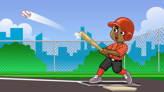 cartoon of black boy baseball player hitting the ball on the field