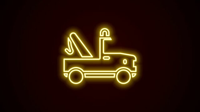 Glowing neon line Tow truck icon isolated on black background. 4K Video motion graphic animation