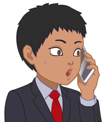 驚く通話中のちびキャラ　男性　タイプD