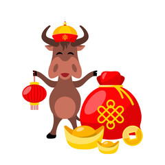 Ox with Golden Ingots, Coin. Happy New Year of Oxen 2021