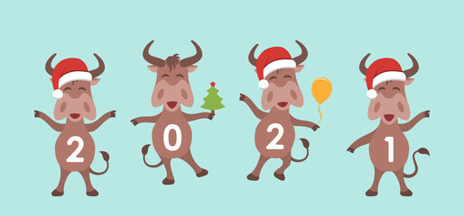 New Year of Ox. Oxen Cartoon Characters in Santa Hat, Set Funny Animals