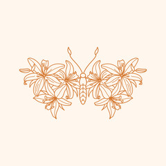 Floral Butterfly icon in a Linear Minimalist trendy style. Vector outline Emblem of Wings with Lily Flowers for creating logos of beauty salons, massages, spa, jewelry, tattoos, t-shirt print, posters