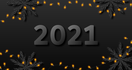 Happy New Year 2021 Card, Dark Party Banner with Sparkling Garlands