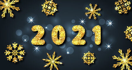 Happy New Year 2021, Greeting Card with Golden Snowflakes
