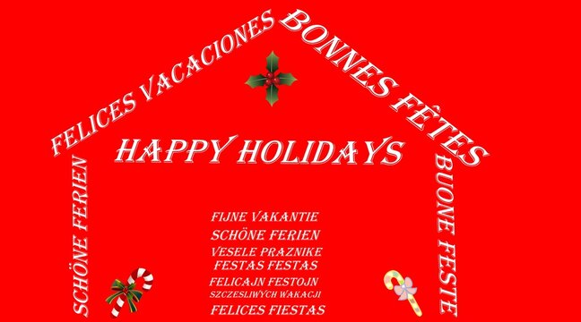Cartolina di auguri e buone feste multilingue su sfondo rosso