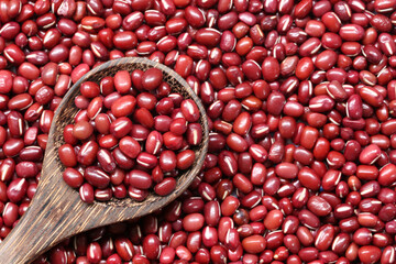 Fresh small seed of red beans in wooden spoon.