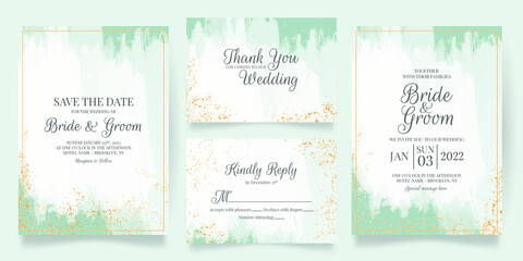 Fototapeta na wymiar wedding invitation card template set with abstract watercolor background and tropical leaves