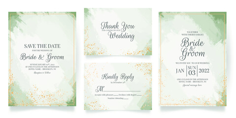 Fototapeta na wymiar wedding invitation card template set with abstract watercolor background and tropical leaves